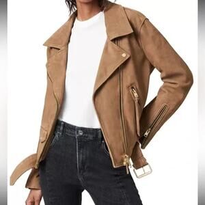 ALLSAINTS Luna Goat Suede Tan Leather Biker Zip Jacket XS